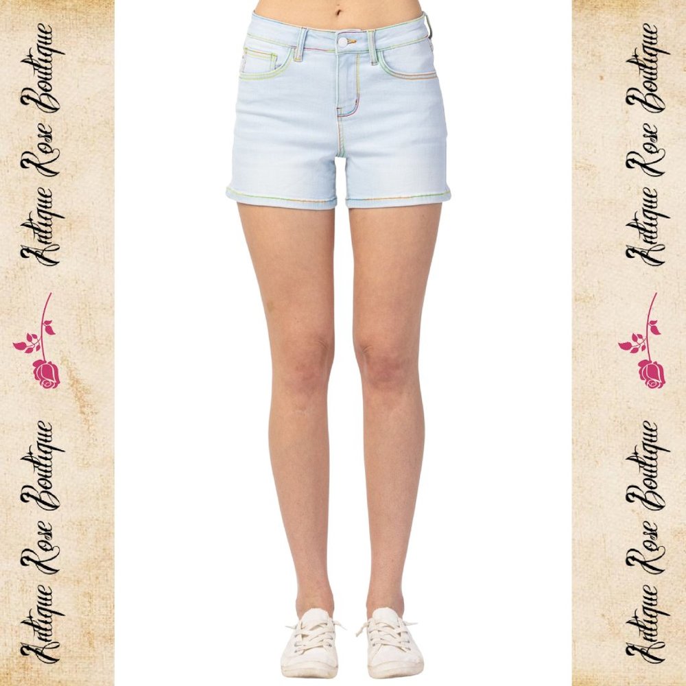 🌹 Judy Blue Rainbow Thread Mid Rise Shorts